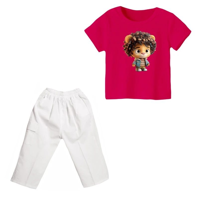 ست تی شرت و شلوارک دخترانه مدل شیر کد ۱