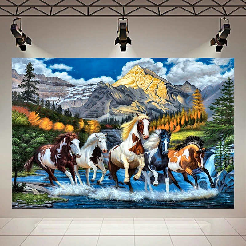 پوستر پارچه ای مدل چرم مخمل طرح نقاشی اسب ها کد AR2200