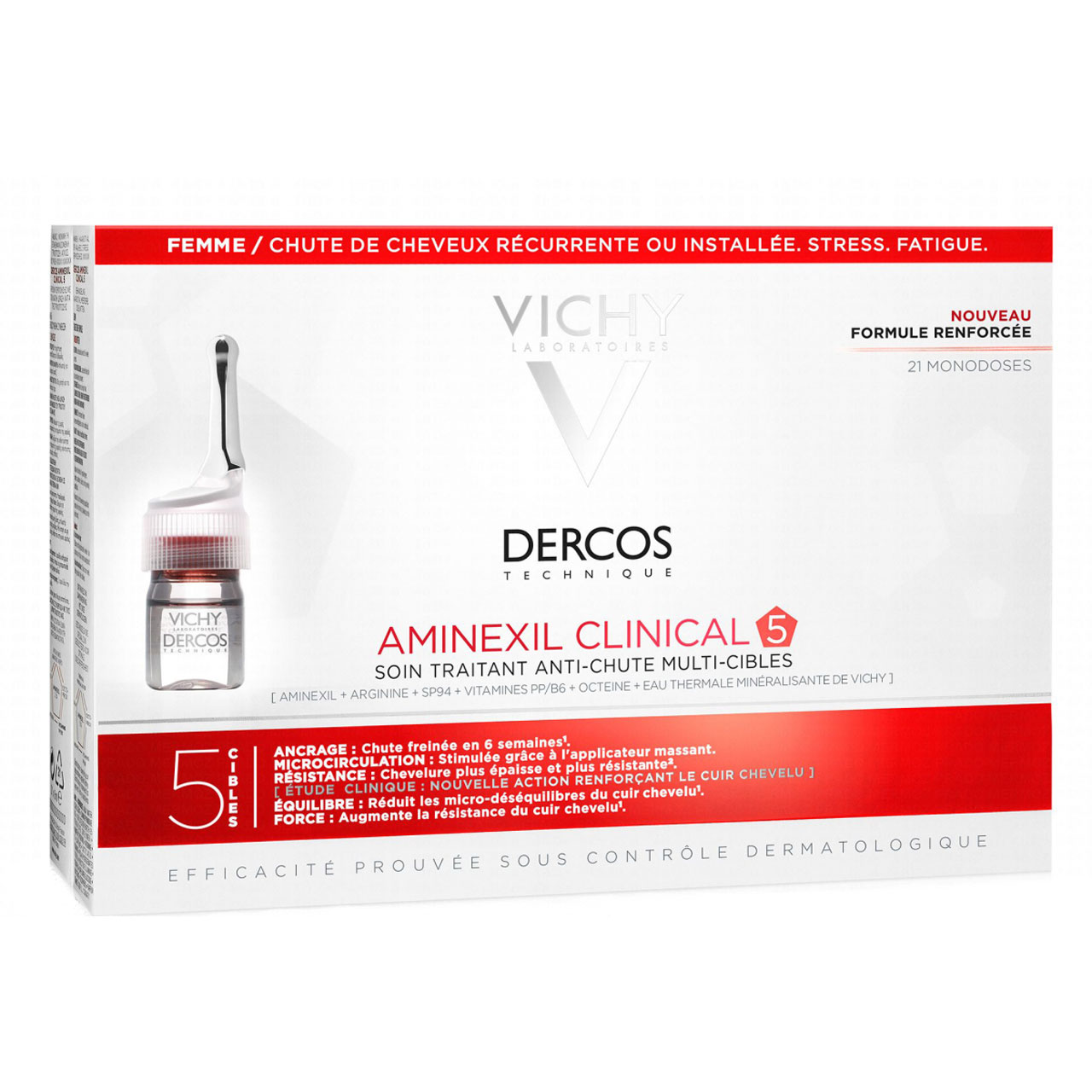 محلول کنترل کننده ریزش مو زنانه ویشی سری Dercos مدل Aminexil Clinical 5 حجم 6 میلی لیتر بسته 21 عددی