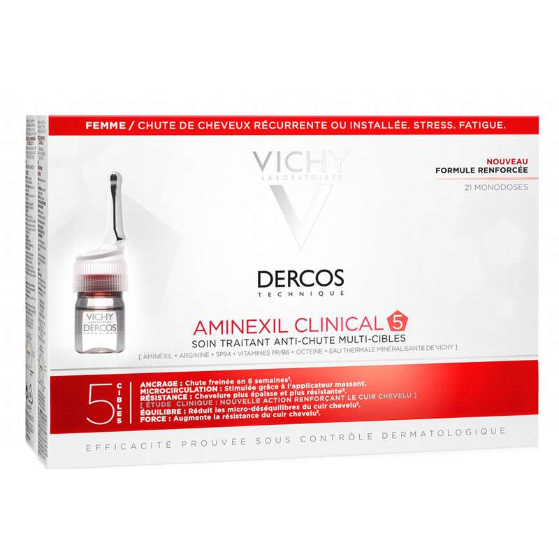 محلول کنترل کننده ریزش مو زنانه ویشی سری Dercos مدل Aminexil Clinical 5 حجم 6 میلی لیتر بسته 21 عددی