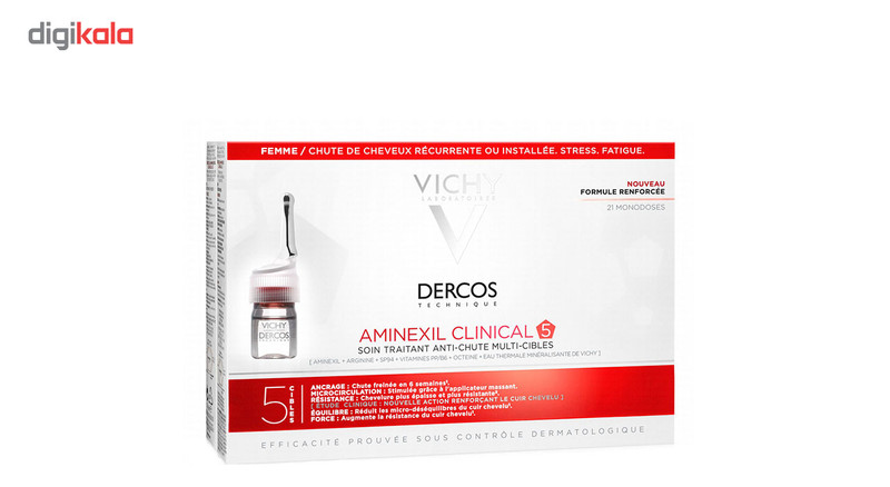 محلول کنترل کننده ریزش مو زنانه ویشی سری Dercos مدل Aminexil Clinical 5 حجم 6 میلی لیتر بسته 21 عددی