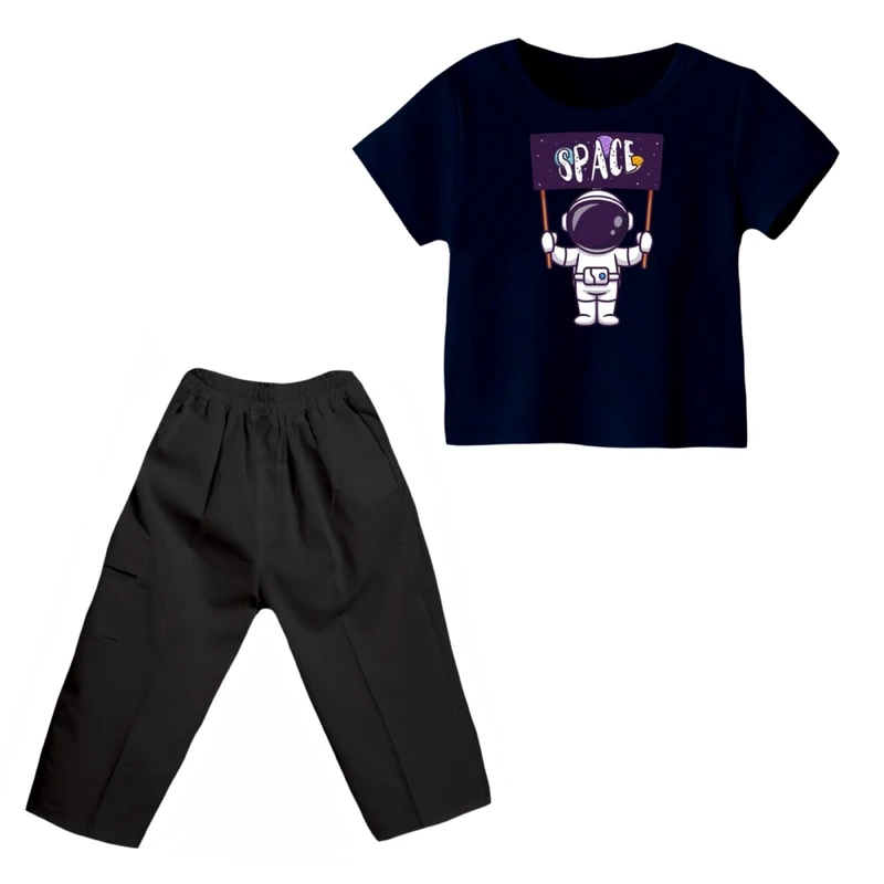 ست تی شرت و شلوارک پسرانه مدل فضانورد کد 5 رنگ سرمه ای