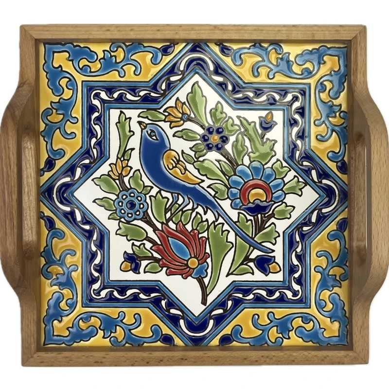 سینی کاشی کاری مدل مرغ مینا