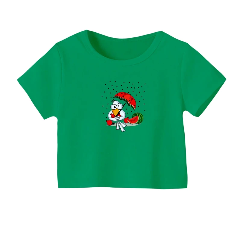 کراپ‌ تی‌شرت آستین کوتاه زنانه مدل کلاغ و هندوانه یلدایی