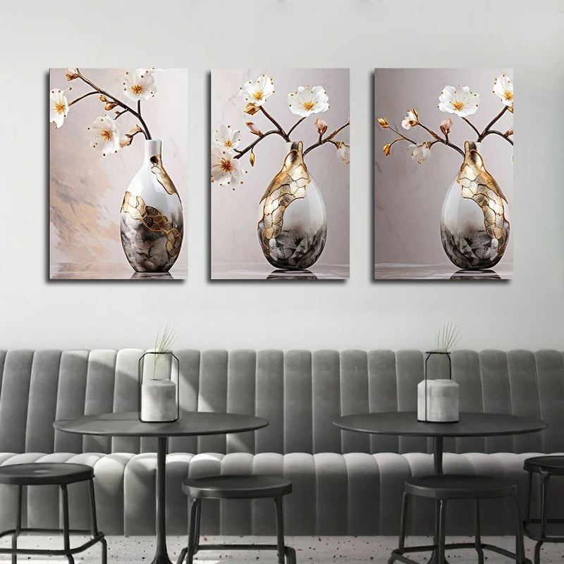 تابلو شاسی بکلیت طرح نقاشی گلدان و گل مدل SH-2456 مجموعه 3 عددی