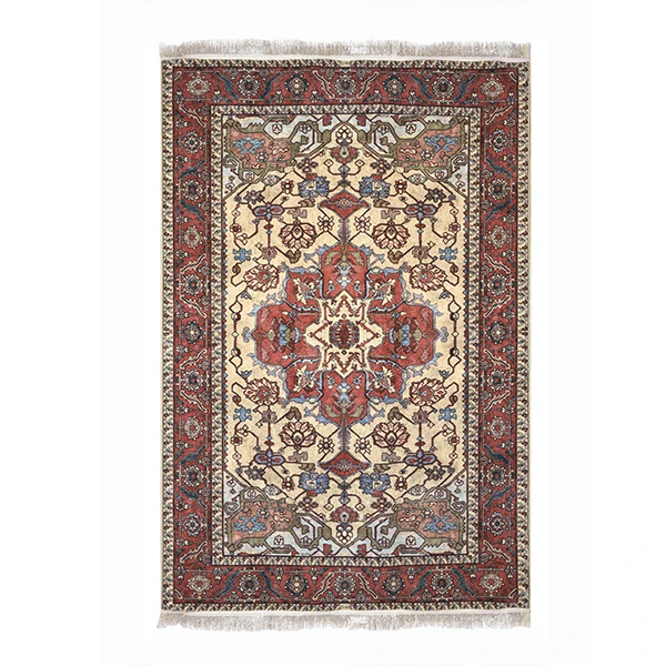 فرش ماشینی 1200 شانه فرش صرافیان زمینه کرم حاشیه قرمز مدل آشیل