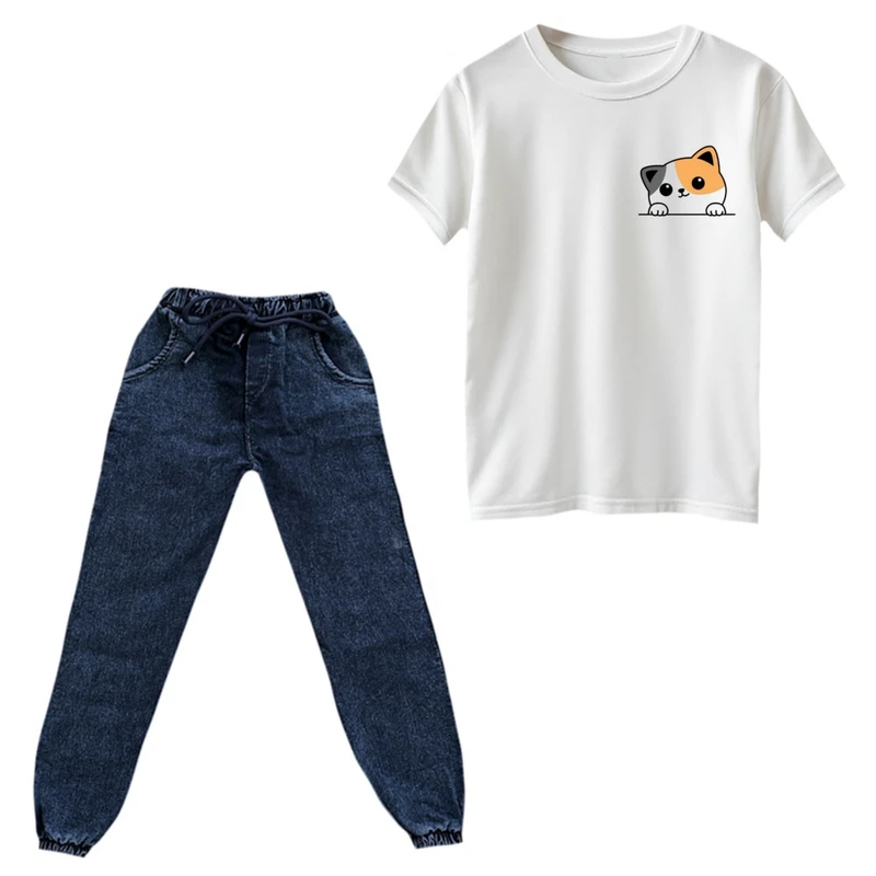 ست تی‌شرت و شلوار دخترانه مدل گربه