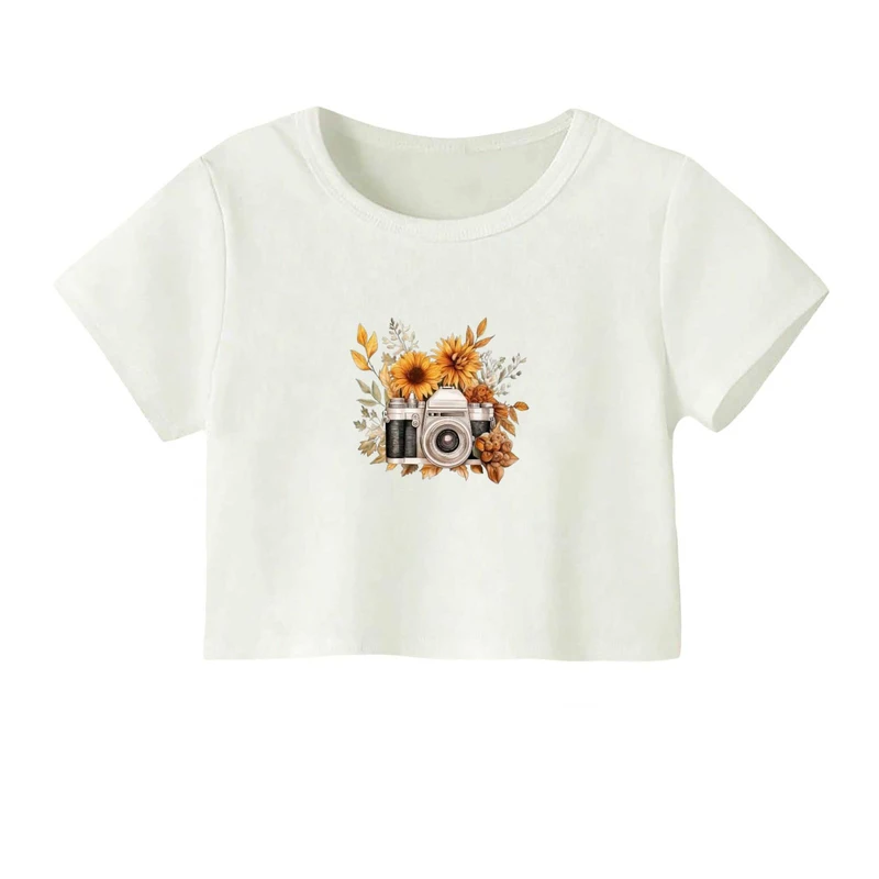 کراپ‌ تی‌شرت آستین کوتاه زنانه مدل دوربین عکاسی