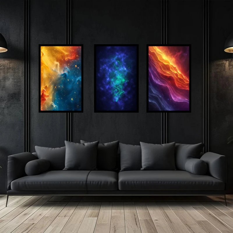 تابلو بکلیت طرح دکوراتیو نقاشی و هنری دیجیتال فضا و کهکشان مدل B-bu3726 مجموعه 3 عددی