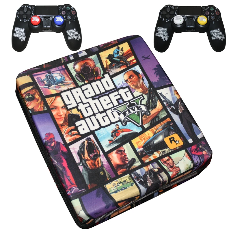کیف حمل کنسول بازی پلی استیشن 4 مدل double GTA به همراه محافظ دسته و روکش آنالوگ