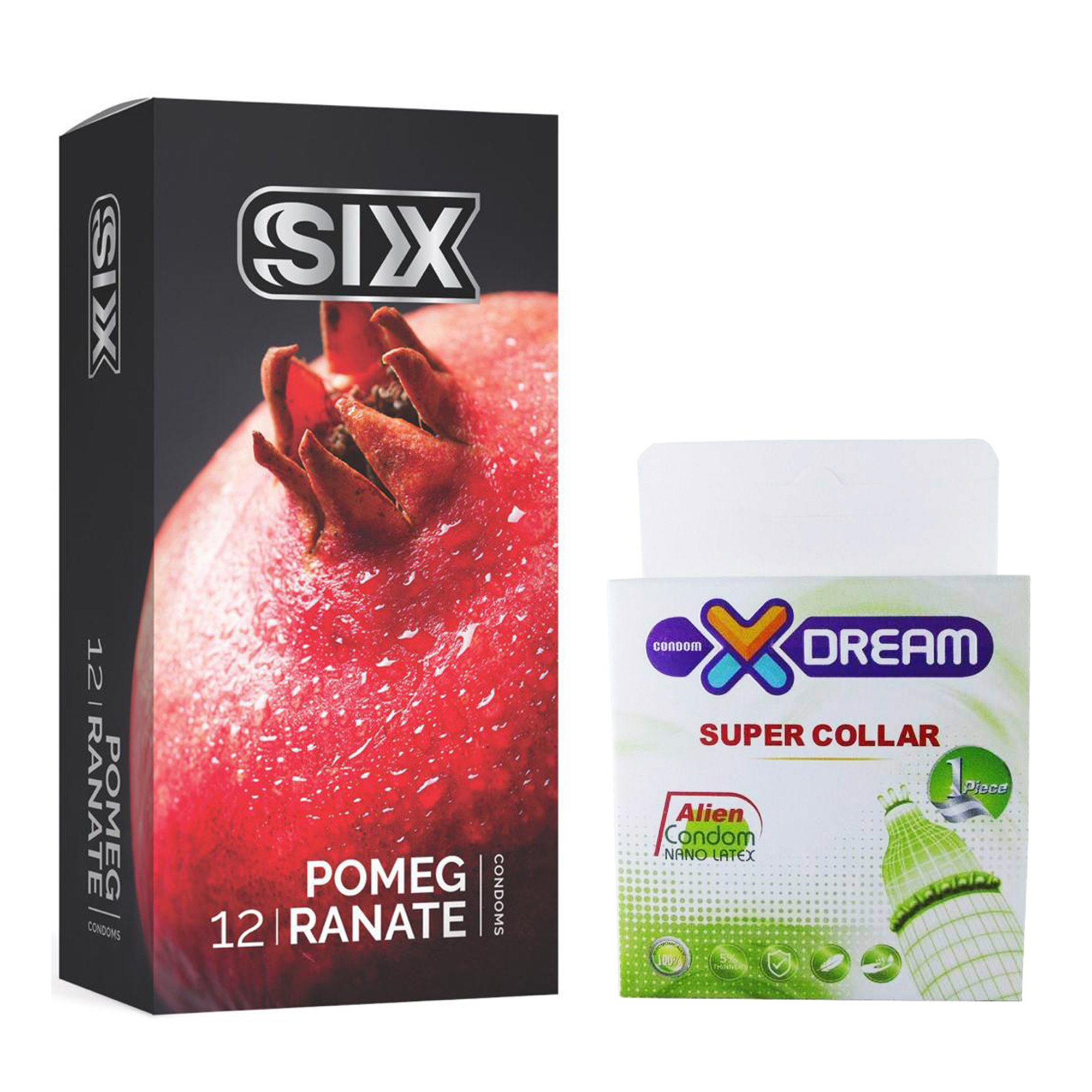 کاندوم سیکس مدل Pomegranate بسته ۱۲ عددی به همراه کاندوم ایکس دریم مدل Super Collar