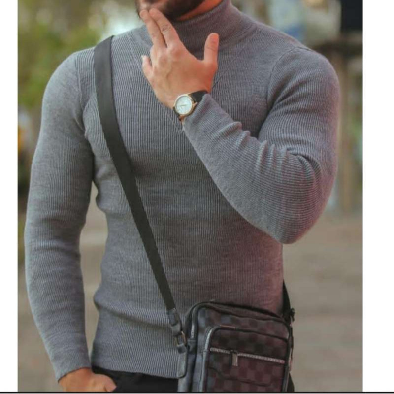 پلیور یقه اسکی مردانه مدل اندامی رنگ طوسی