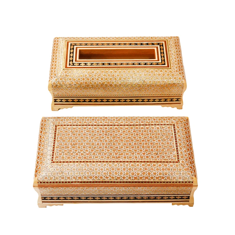 ست 2 تکه جعبه دستمال کاغذی و جعبه کارد و چنگال خاتم کاری چوبی صنایع دستی فاخر کد HQGold