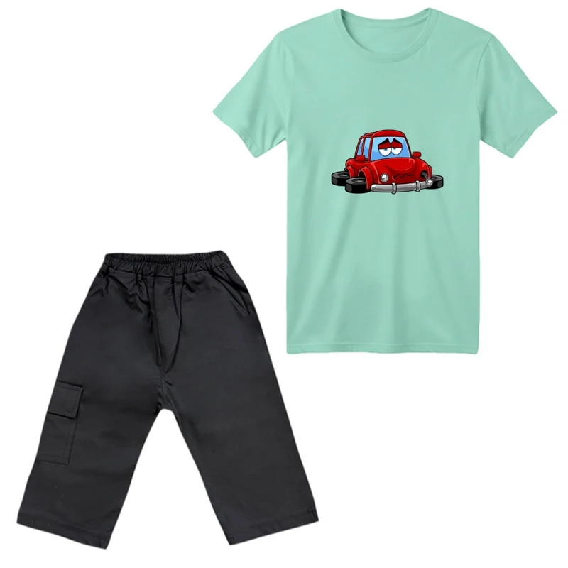 ست تی‌شرت آستین کوتاه و شلوارک پسرانه مدل ماشین ها کد 05