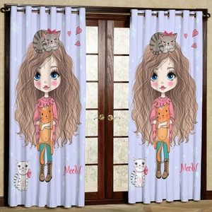 پرده کودک مدل دختر و گربه هازان پانچی کد 4820 سایز 140x200 سانتی متر