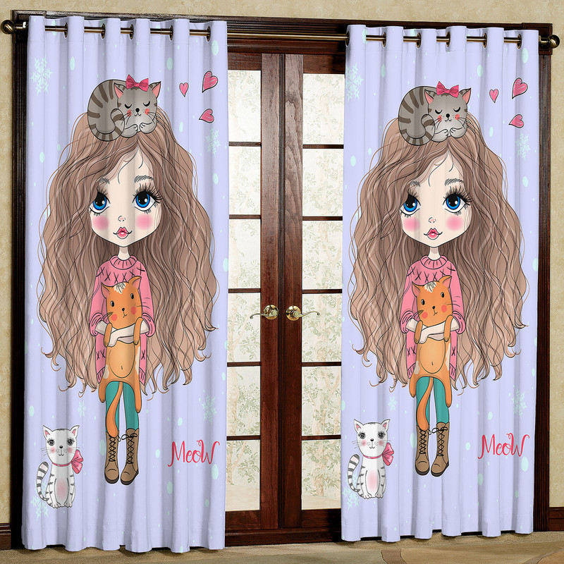 پرده کودک مدل دختر و گربه هازان پانچی کد 4820 سایز 140x200 سانتی متر