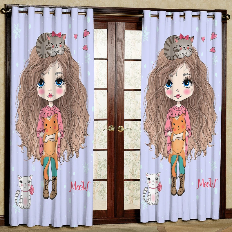 پرده مدل اتاق کودک مخمل پانچی طرح دختر کد 4820T2 سایز 200x140 سانتی متر
