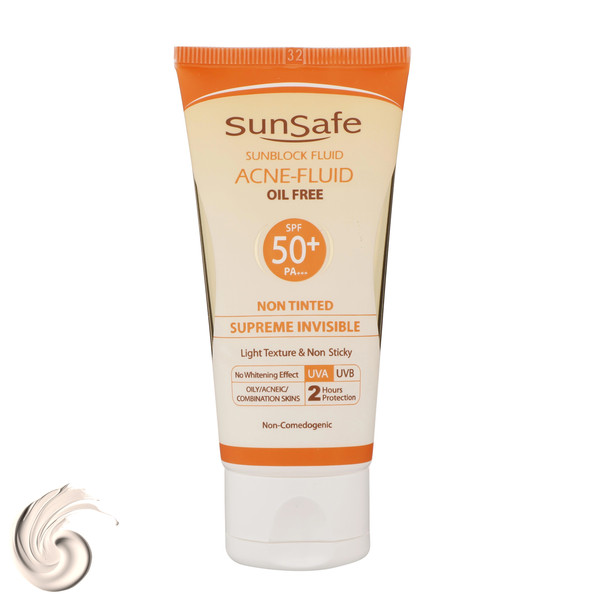 کرم ضد آفتاب بدون رنگ سان سیف SPF50 مدل ACNE-FLUID محافظ UVA ،UVB و +++PA، تنظیم ترشح چربی پوست، ضد جوش و آکنه، ضد آب، ضد حساسیت، مناسب پوست‌‌های آکنه‌ای و چرب حجم 50 میلی‌لیتر