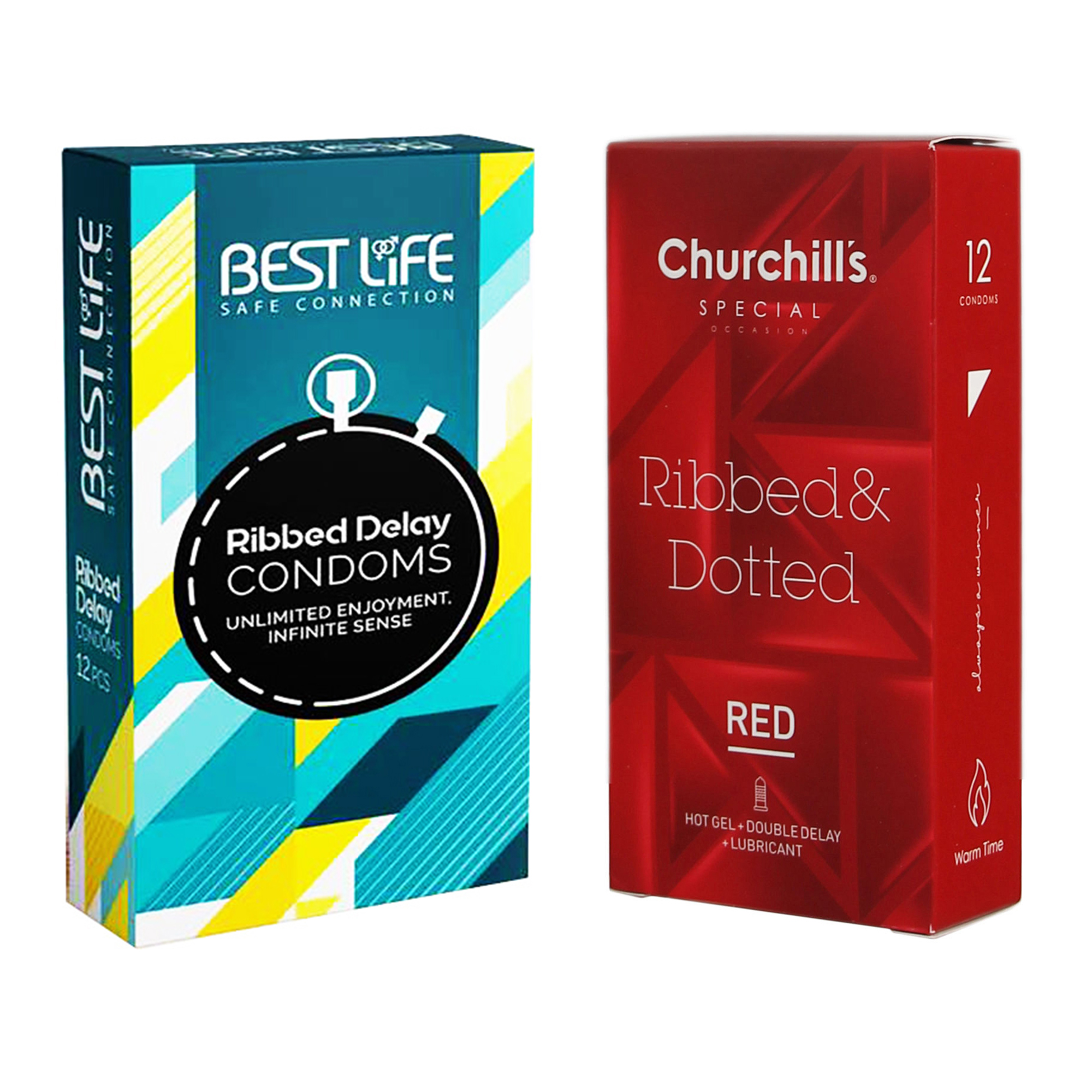 کاندوم چرچیلز مدل Ribbed & Dotted Red بسته 12 عددی به همراه کاندوم بست لایف مدل Ribbed Delay بسته 12 عددی
