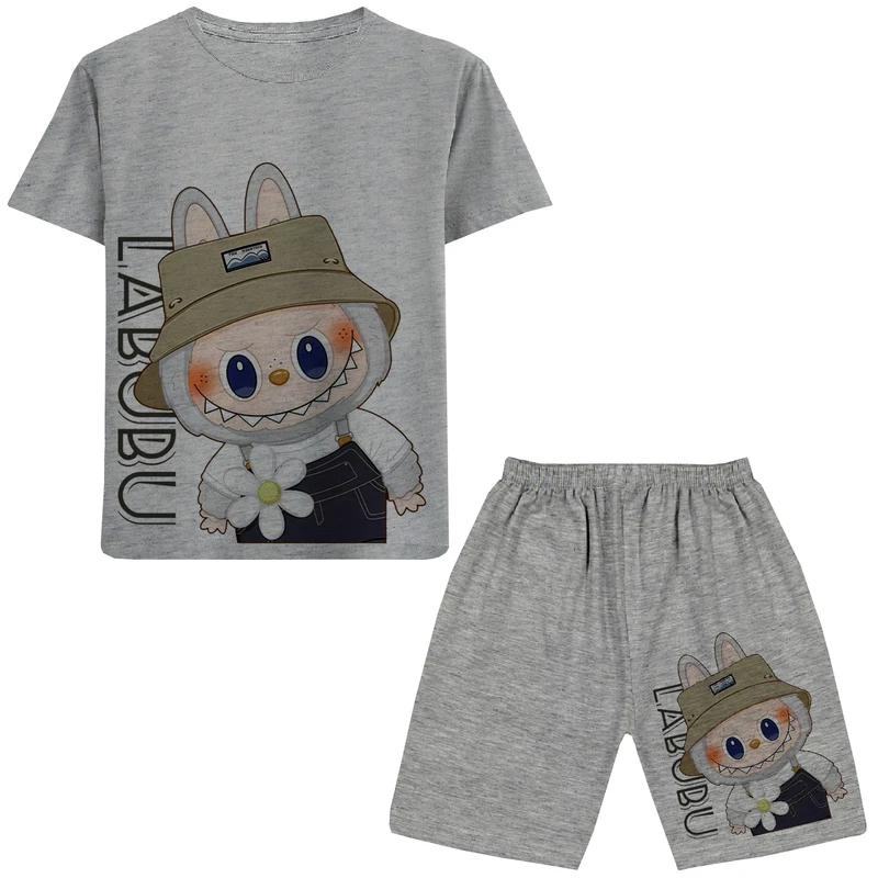 ست تی شرت آستین کوتاه و شلوارک راحتی دخترانه مدل A117 LABUBU