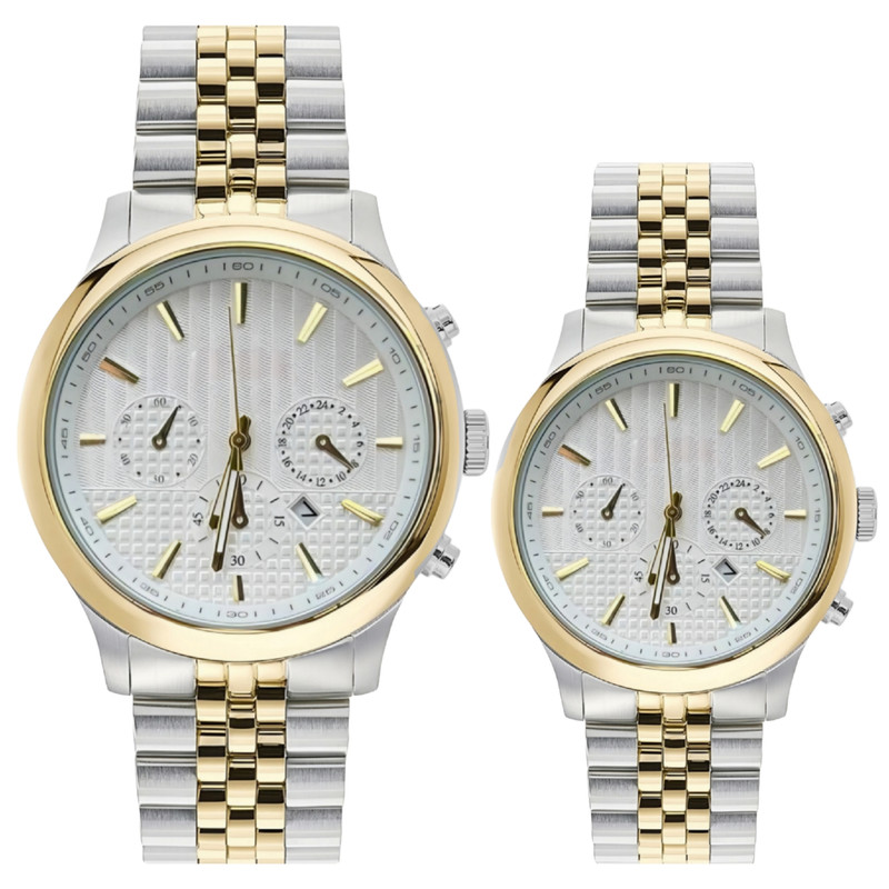 ست ساعت مچی عقربه ای زنانه و مردانه مدل کوارتز کلاسیک بند فلزی تقویم دار کد 03