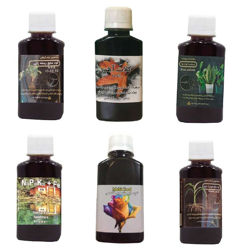 کود مایع فسفر ریشه زایی 10-52-10 و کلات آهن و امینو اسید و کود سه بیست و هیومیک اسید و کود گلدهی مدل life drop حجم 120 میلی لیتر