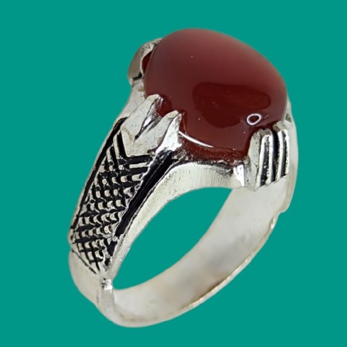 انگشتر نقره مردانه مدل سنگ عقیق رضوی رکاب چهار چنگ اسپرت کد 200 -  - 9