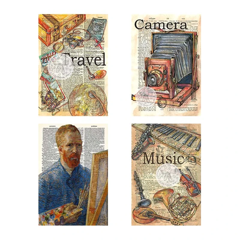 تابلو شاسي کارنيکا طرح روزنامه وینتج Vintage Newspaper کد 64092 مجموعه 4 عددی
