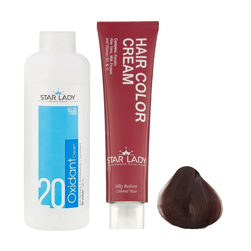 رنگ مو استارلیدی شماره 4.5 حجم 120 میلی لیتر رنگ قهوه ای طلایی به همراه اکسیدان استارلیدی مدل 20 شش درصدی حجم 180 میلی لیتر