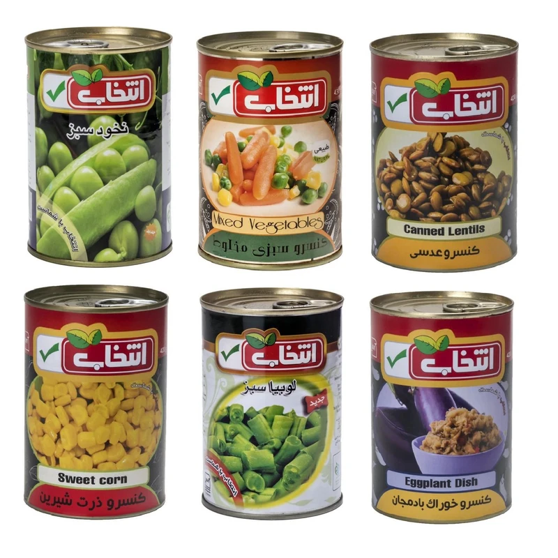 کنسرو نخود سبز، لوبیا سبز، ذرت شیرین، عدسی، خوراک بادمجان، و سبزی مخلوط انتخاب - 420 گرم مجموعه 6 عددی