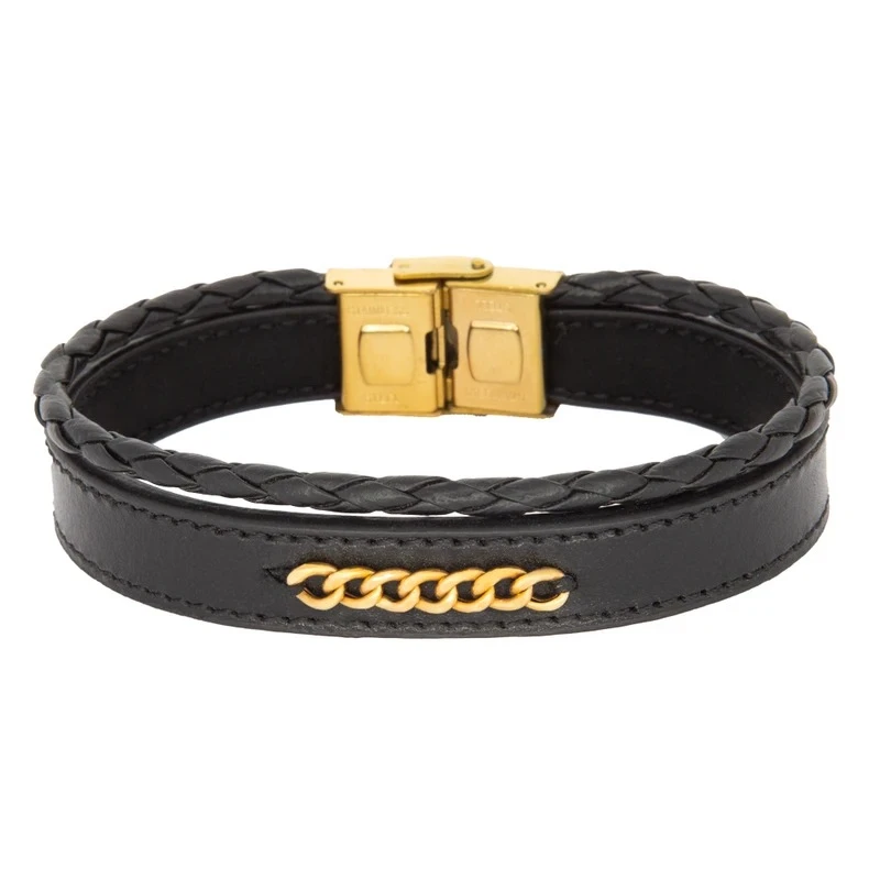 دستبند طلا 18 عیار مردانه با بند چرمی آی گلد مدل کارتیه کد 02