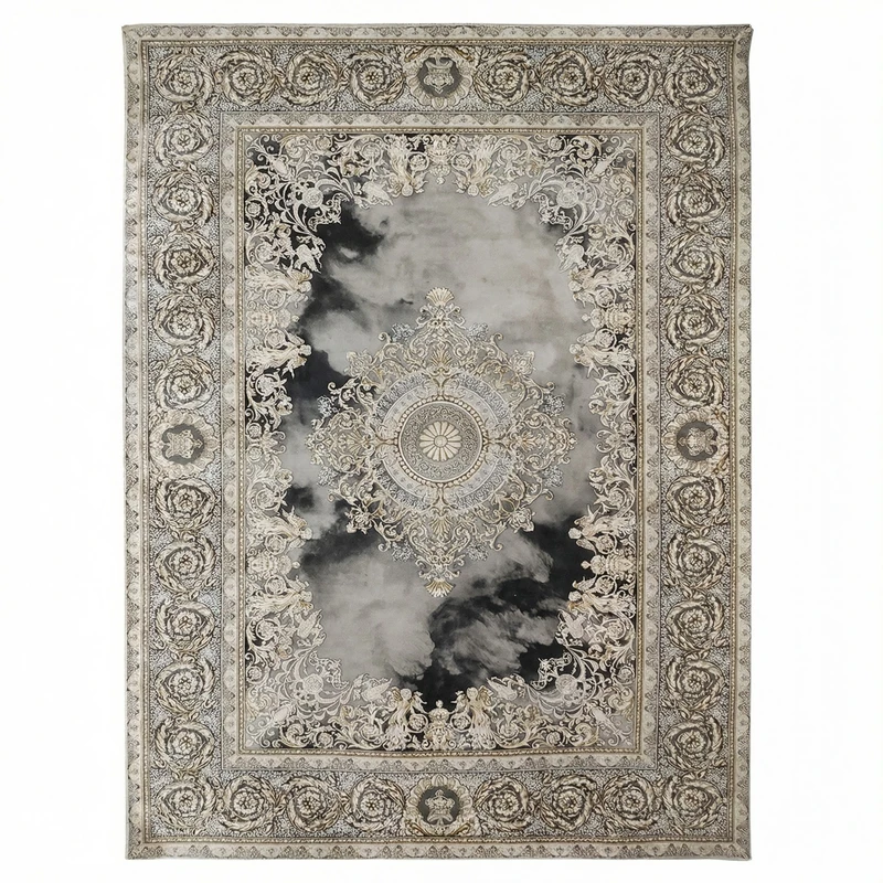 فرش ماشینی 1200 شانه زمینه فیلی حاشیه کرم طلاکوب مدل وینتیج طرح ورساچ