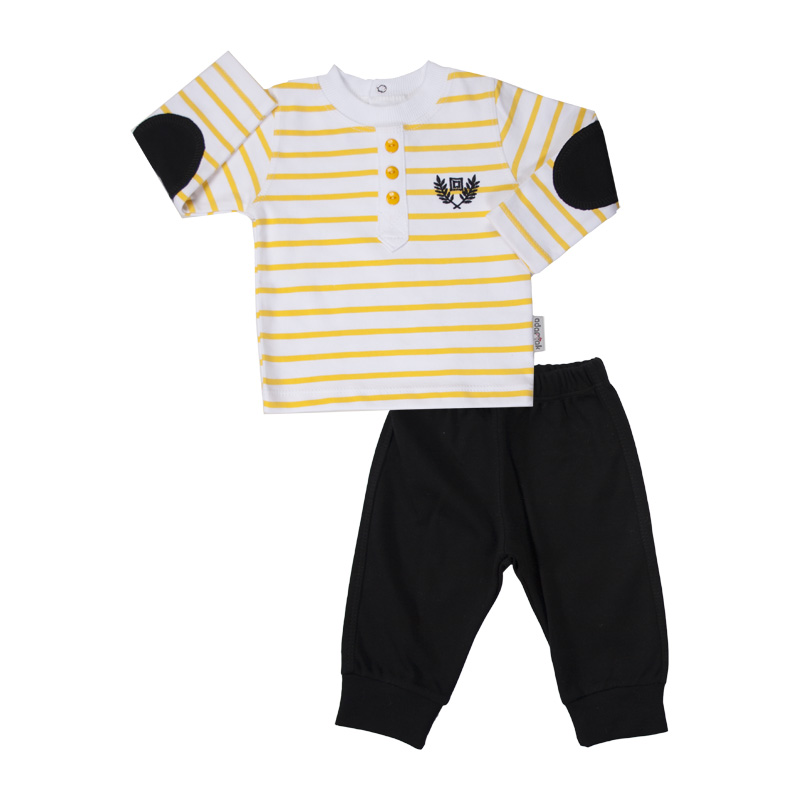 ست تی شرت آستین بلند و شلوار نوزادی آدمک مدل راه راه کد 117601 رنگ لیمویی