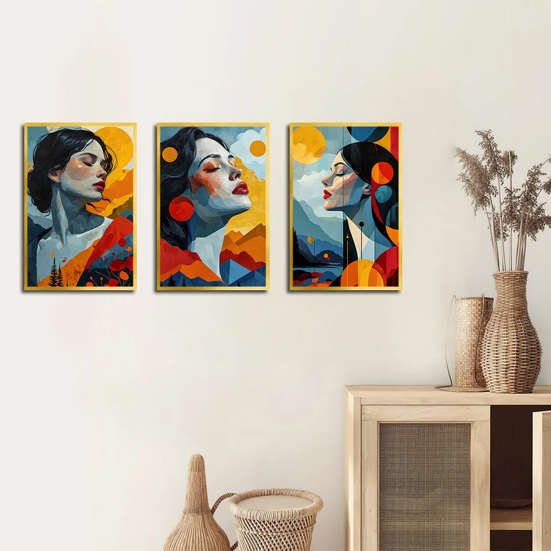 تابلو بکلیت طرح نقاشی رنگ روغن چهره مدل T-3087 مجموعه 3 عددی