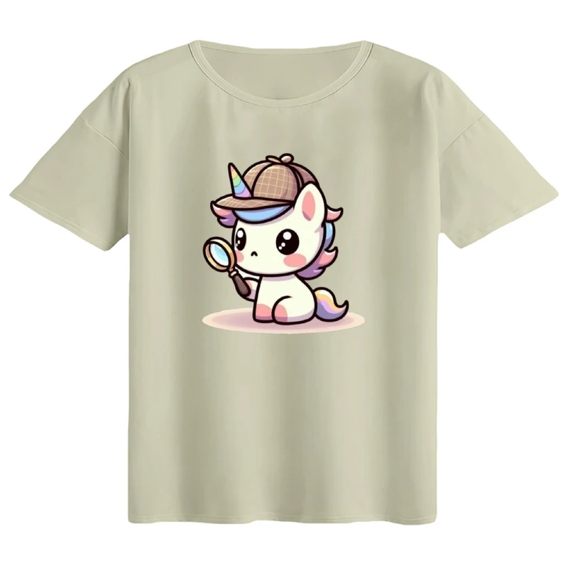 تی‌شرت اورسایز آستین کوتاه زنانه مدل باکسی طرح کارآگاه تک شاخ