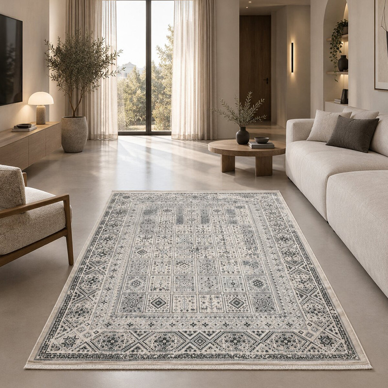 فرش ماشینی 420 شانه آرمانی زمینه و حاشیه کرم طرح مدرن پینترستی کد 5609