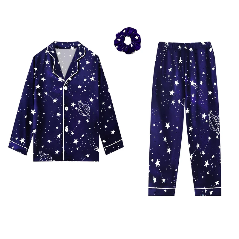 لباس خواب زنانه آنی لوکس مدل ساتن ابریشم طرح کهکشانی کد 66905L به همراه کش مو