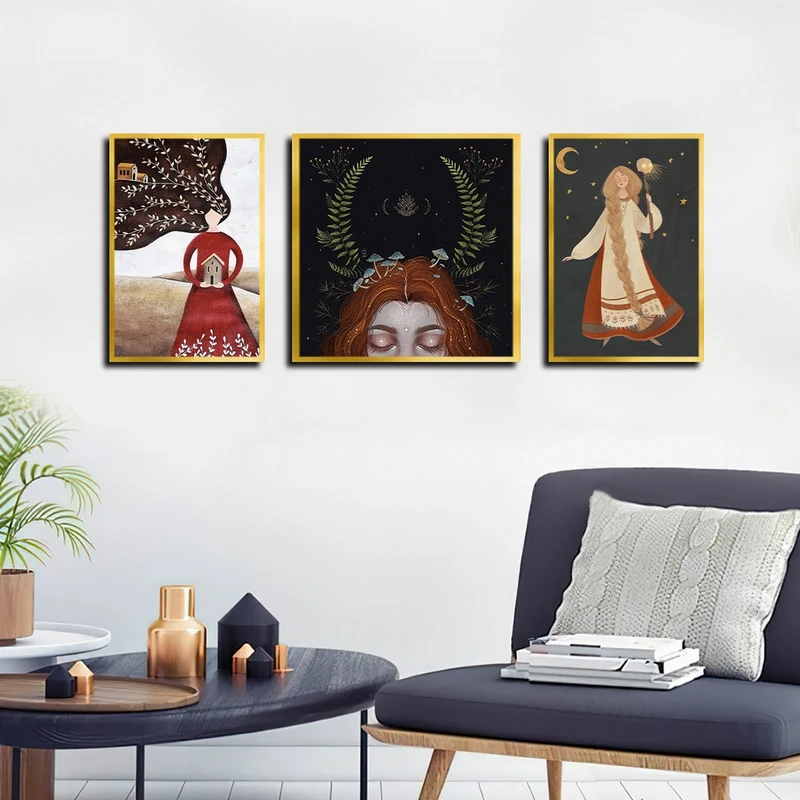 تابلو بکلیت طرح نقاشی مدرن و فانتزی مدل T-4007 فریم طلایی مجموعه 3 عددی