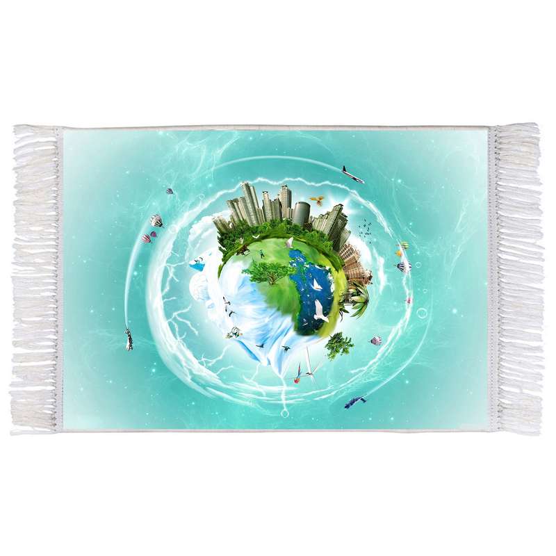 فرش ماشینی دیوارکوب اطلس آبی طرح کره زمین و هواپیما و پرنده مدل T1293