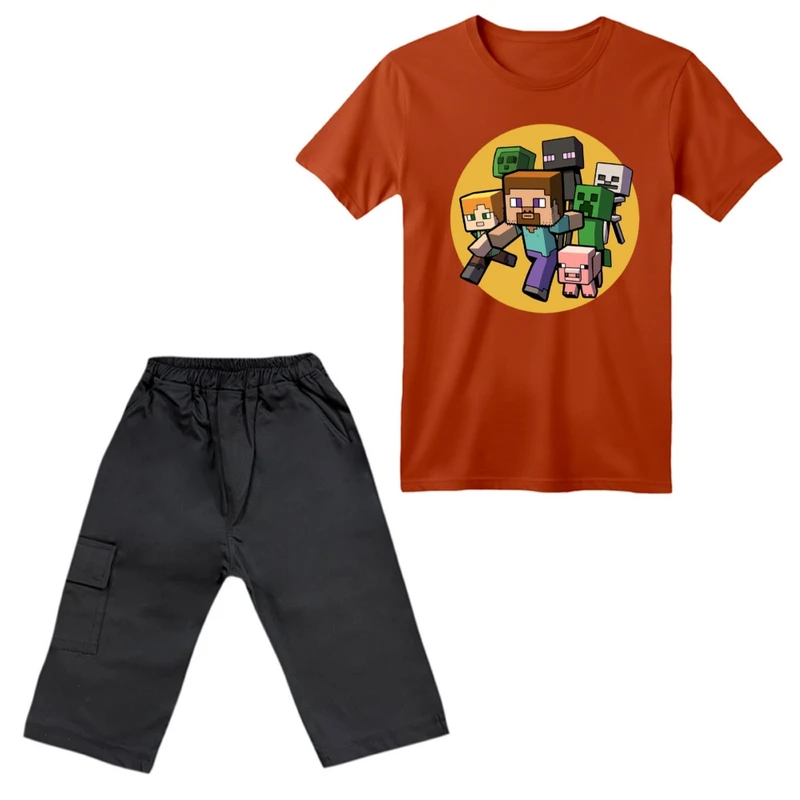 ست تی‌شرت آستین کوتاه و شلوارک پسرانه مدل ماینکرفت کد ۳ رنگ آجری تیره
