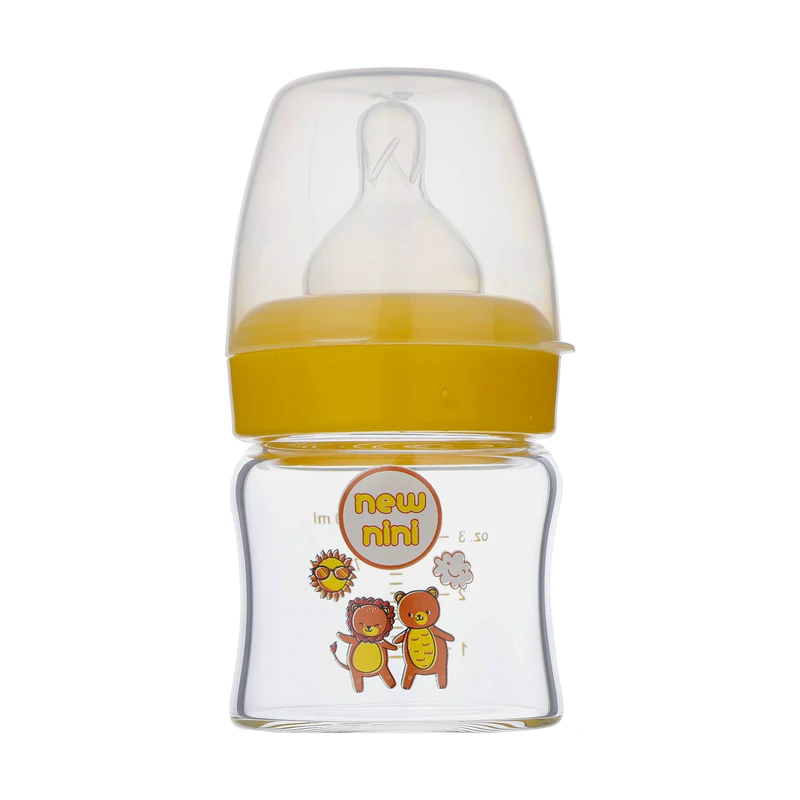 شیشه شیر نیو نی نی طرح خرس و شیر مدل دهانه عریض کد 7035 گنجایش 100 میلی لیتر