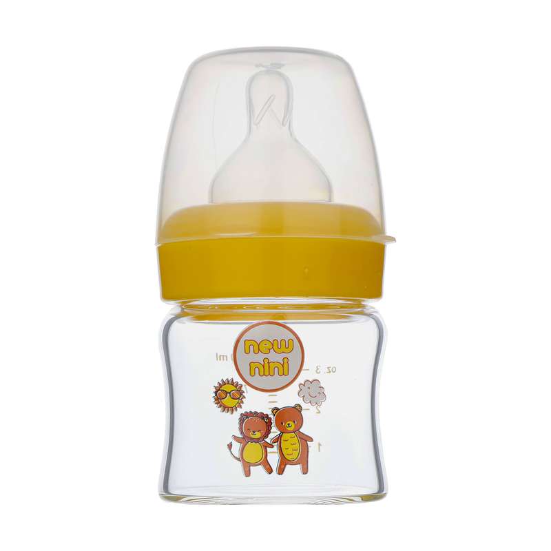 شیشه شیر نیو نی نی طرح خرس و شیر مدل دهانه عریض کد 7035 گنجایش 100 میلی لیتر