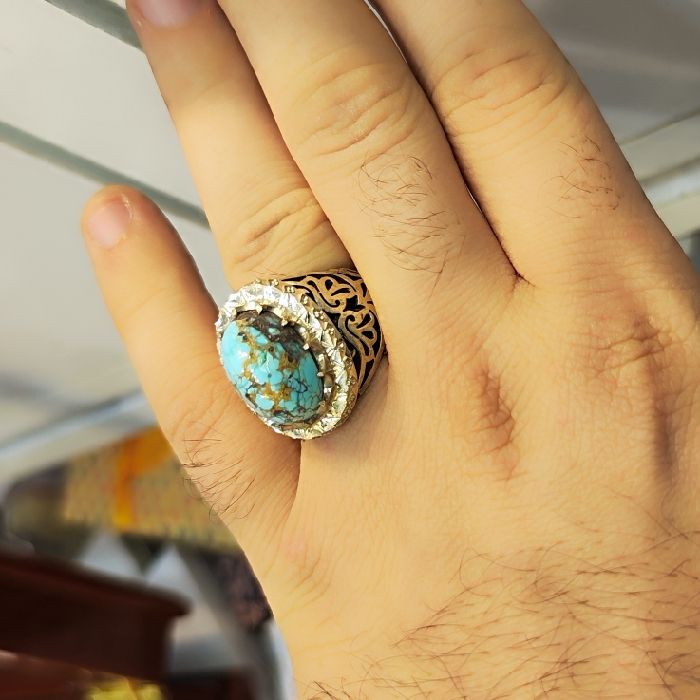 انگشتر نقره مردانه مدل سنگ فیروزه نیشابور رکاب دست ساز کد 5000 -  - 6