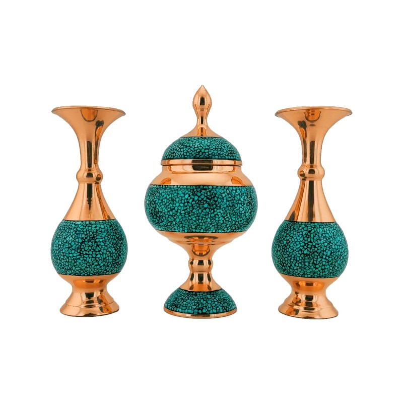 ست 3 تکه گلدان و شکلات خوری فیروزه کوبی مدل F098 کد F013
