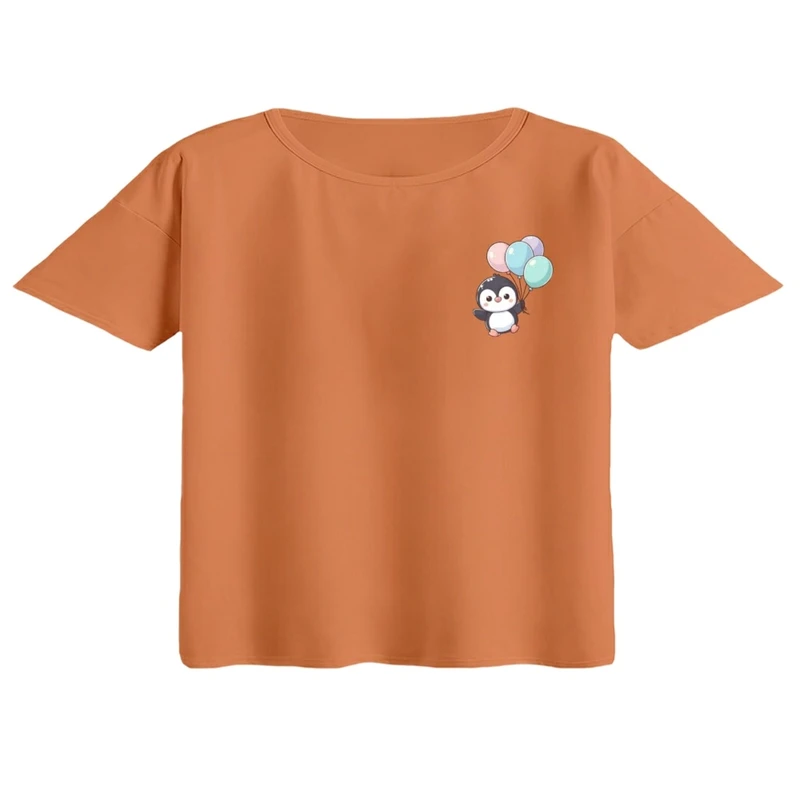 کراپ تی‌شرت آستین کوتاه زنانه مدل پنگوئن کد ۴ رنگ گلبهی