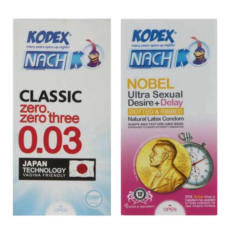 کاندوم ناچ کدکس مدل کلاسیک 0.03 بسته 10 عددی به همراه کاندوم تاخیری ناچ کدکس مدل نوبل بسته 12 عددی