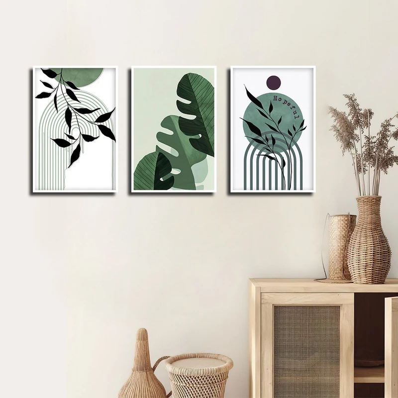 تابلو بکلیت طرح نقاشی مینیمال و برگ انجیری مدل W-3923 فریم سفید مجموعه 3 عددی