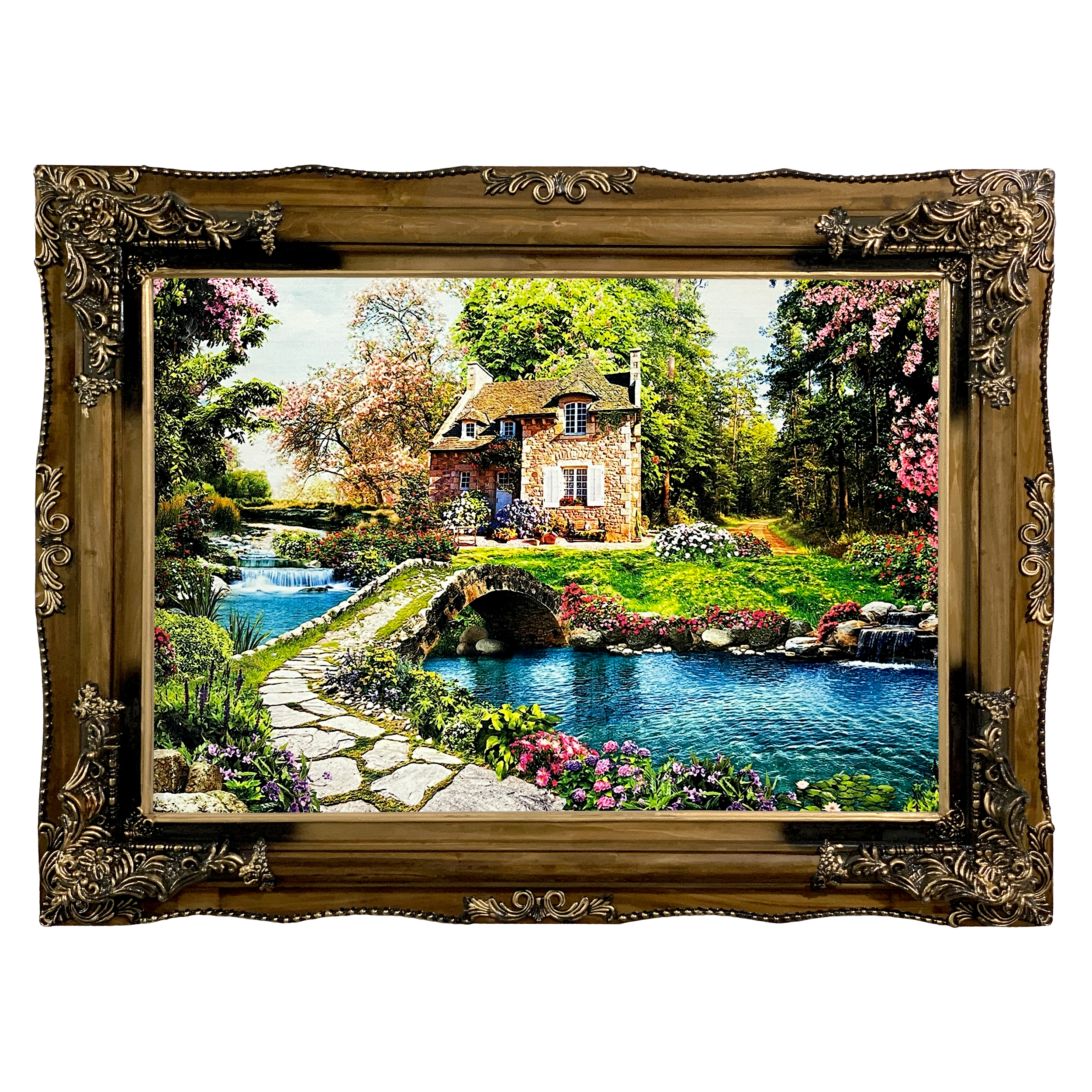 تابلو فرش ماشینی مدل خانه جنگلی و رودخانه کد 7427