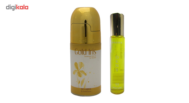 رول ضد تعریق زنانه اسکلاره مدل Gold Iris به همراه عطر قلمی زنانه پاشا مدل DKNY