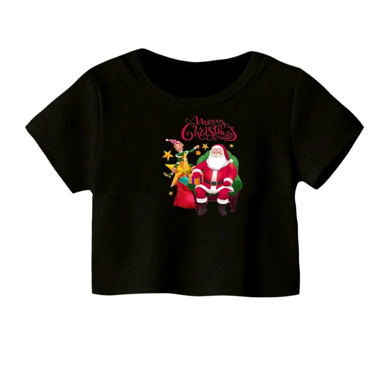 کراپ‌ تی‌شرت آستین کوتاه زنانه مدل بابانوئل کریسمس کد 10 رنگ مشکی